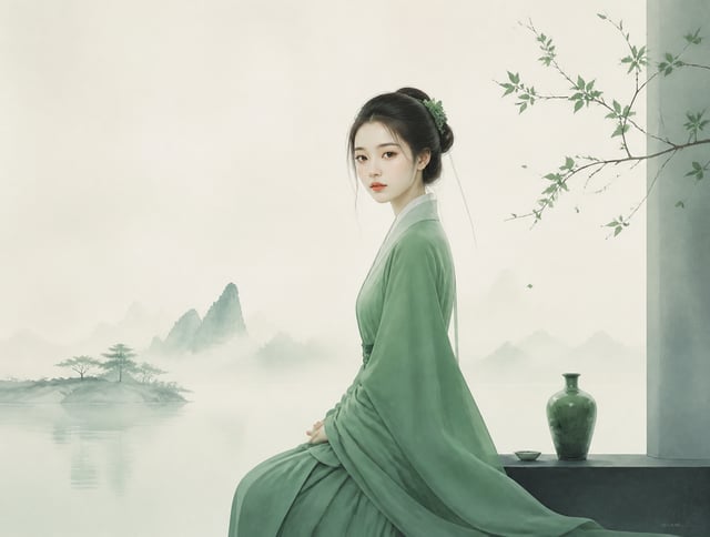 极简东方禅意半写实插画，主体为一位面庞精美的东方女性，青绿颜色体系，较强饱和对比，画面空灵静谧，大面积留白，带轻雾感、静止空气感和朦胧远景层次，可结合极简空间、湖面、远山、器物、枝条等东方意象。柔和漫