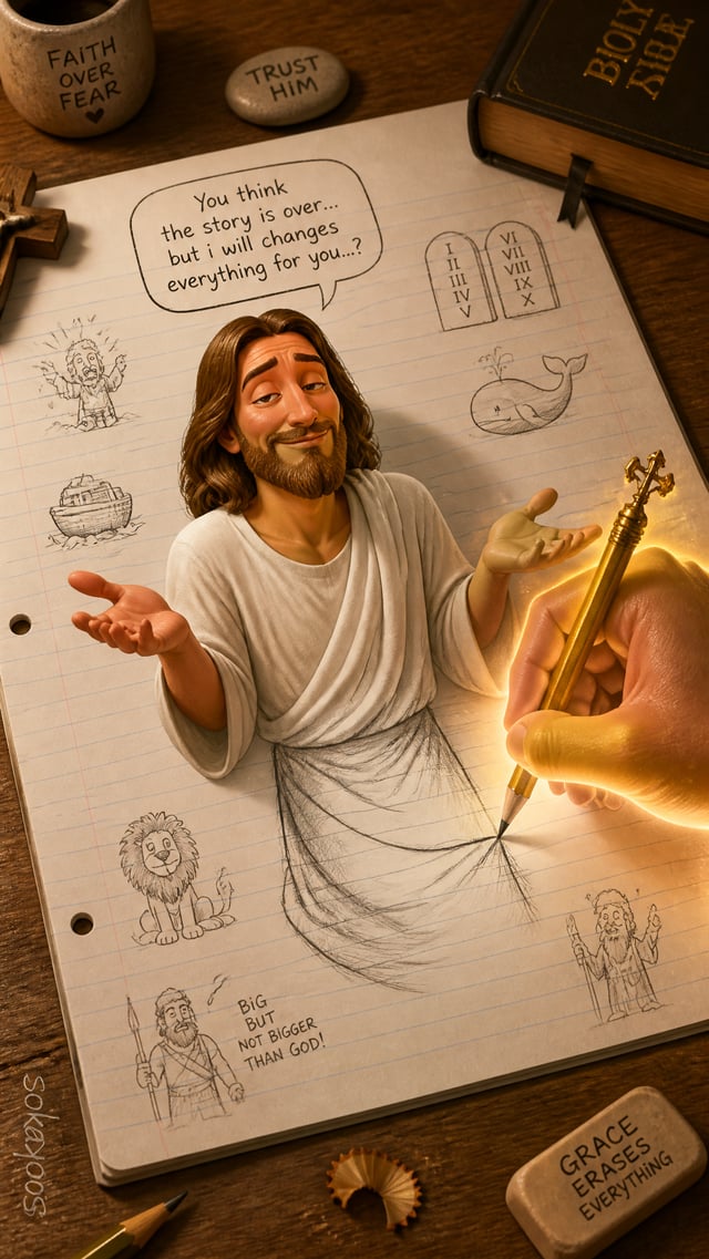 "A humorous, exaggerated artwork showing Jesus, wearing a simple robe, with his expression comically
