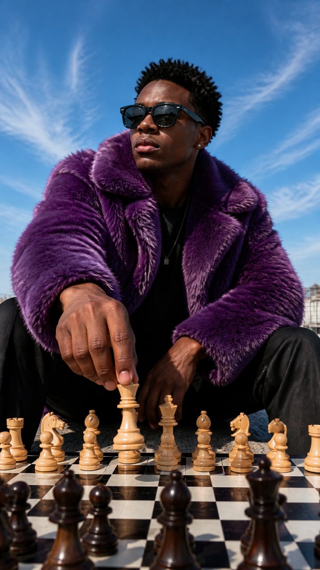 A young Black man, appearing to be in his early twenties, is captured in a low-angle, medium shot, s