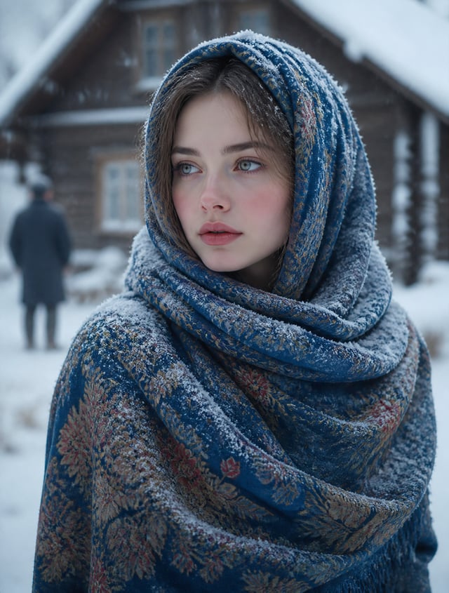 A cinematic portrait of a young woman standing in a snowy village, softly falling snowflakes surroun
