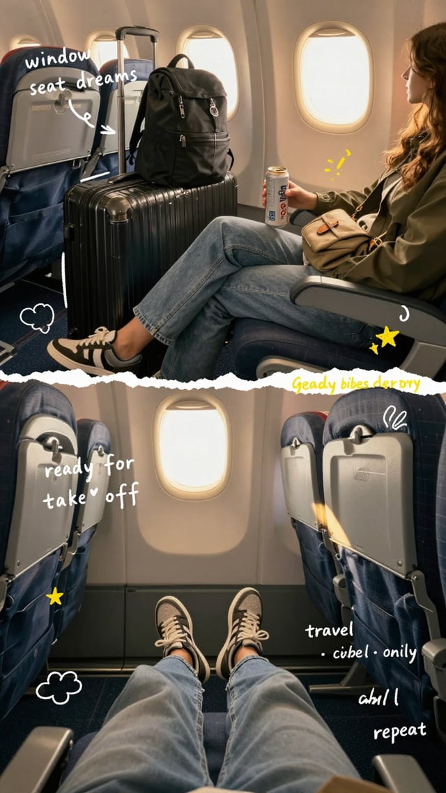 POV travel photography of a person sitting at an airport and inside an airplane, casual outfit with 