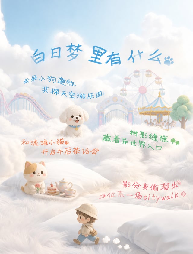 根据画面，和[image2]文字内容，分别加上小狗，游乐园，小猫和走路的卡通小元素