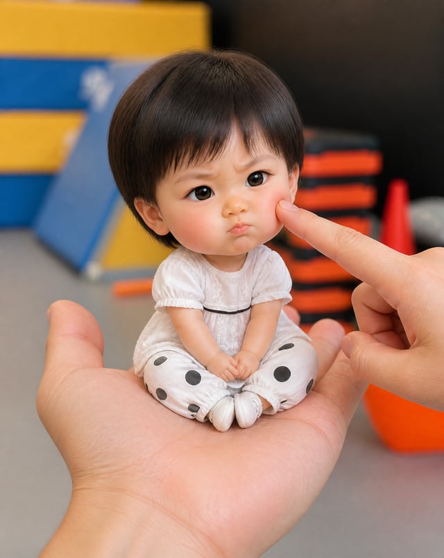 A mini chibi version of the character in the uploaded image, with a big head and small body, sitting