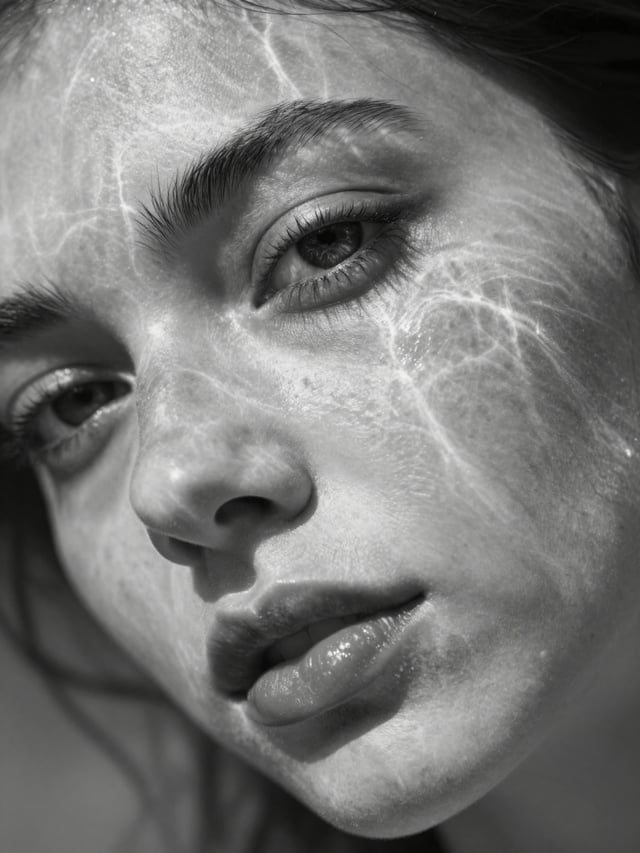 A hyperrealistic 8K black and white extreme close-up portrait of a young Italian woman's face, focus