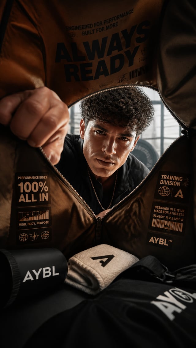 A premium 9:16 sports-fashion advertising poster.Main Subject:A young male model opening an oversize