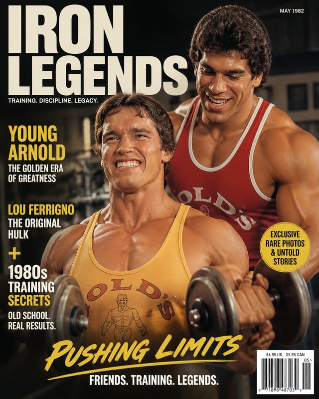 Young Arnold in golden training  . Behind him young Lou Ferrigno ist helping him . 1980s  funny play