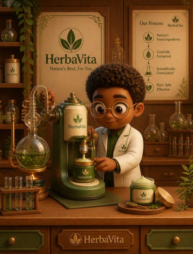 A soft 3D cartoon scene promoting  [brand]. A cute, round character with brown skin and a white lab 