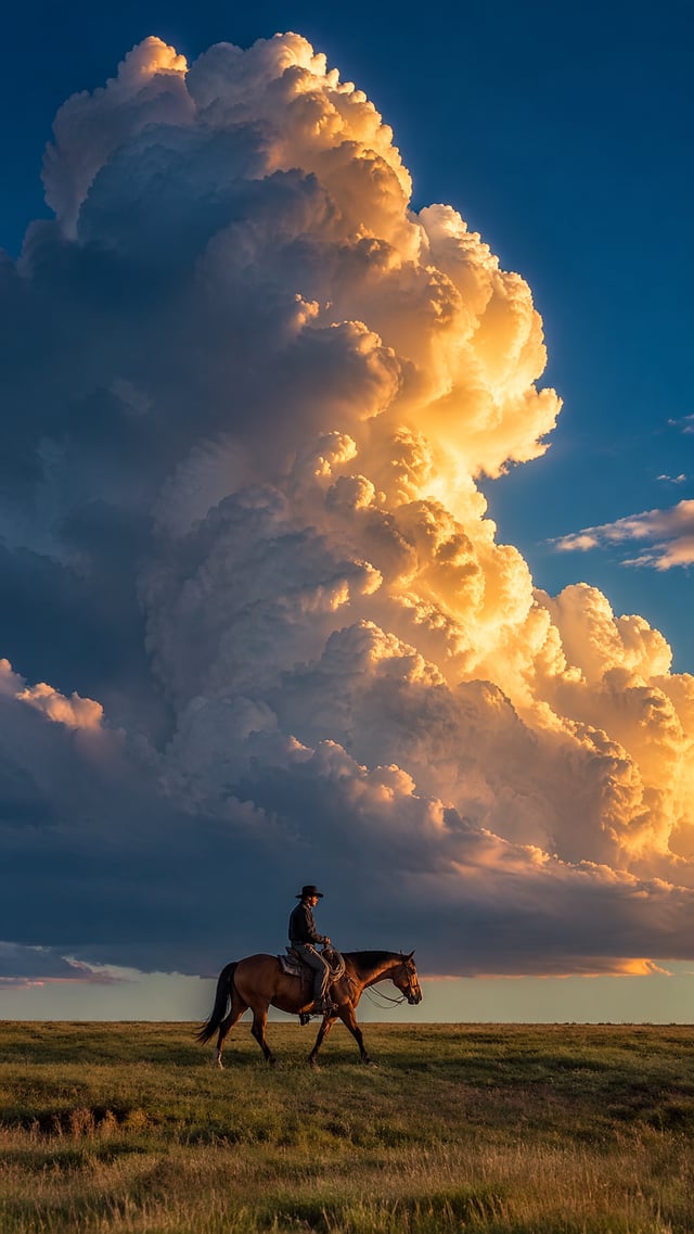 Vertical landscape photography, vast grassland horizon, a cowboy with black wide-brim hat riding a b