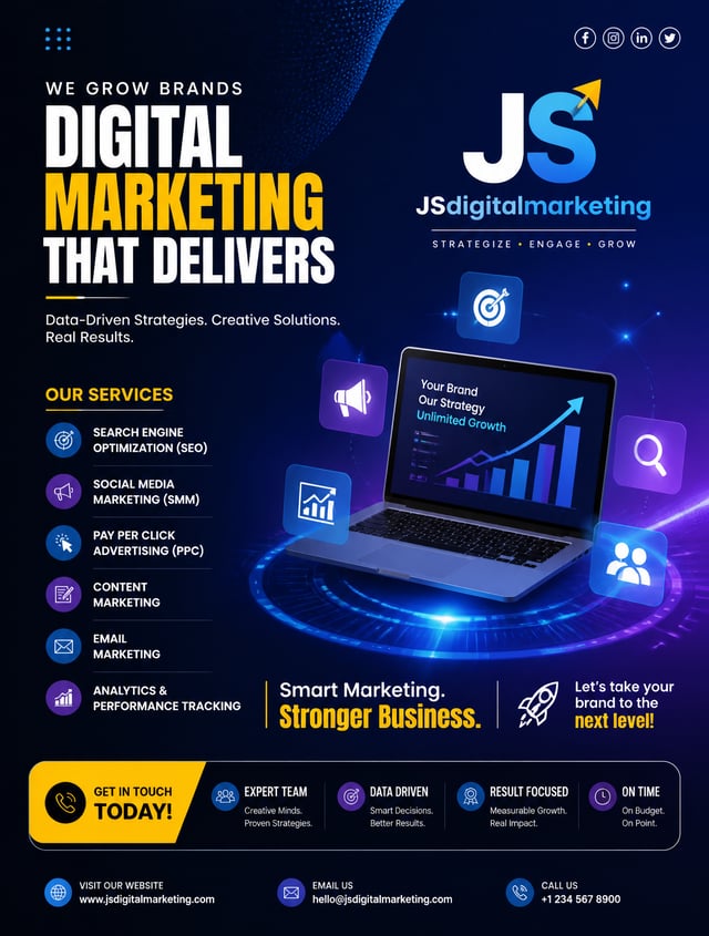 a professional digital marketing poster design for JSdigitalmarketing, featuring a sleek and modern 