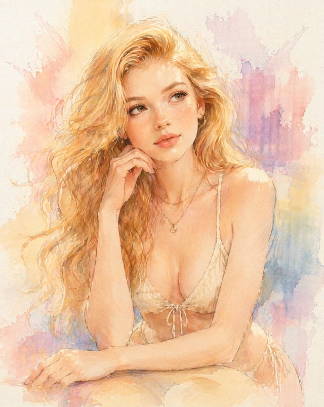 A soft pastel watercolor digital illustration of a young woman with long, flowing blonde hair, gentl