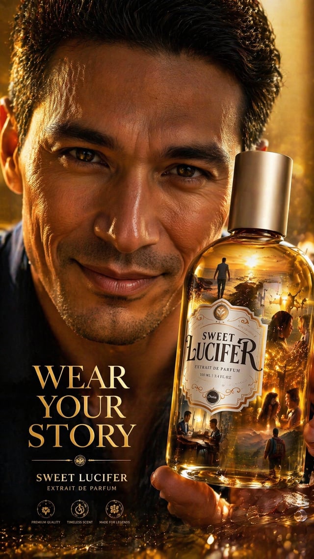 A premium 9:16 fragrance advertising poster.Main Subject:An ultra close-up portrait of a confident y