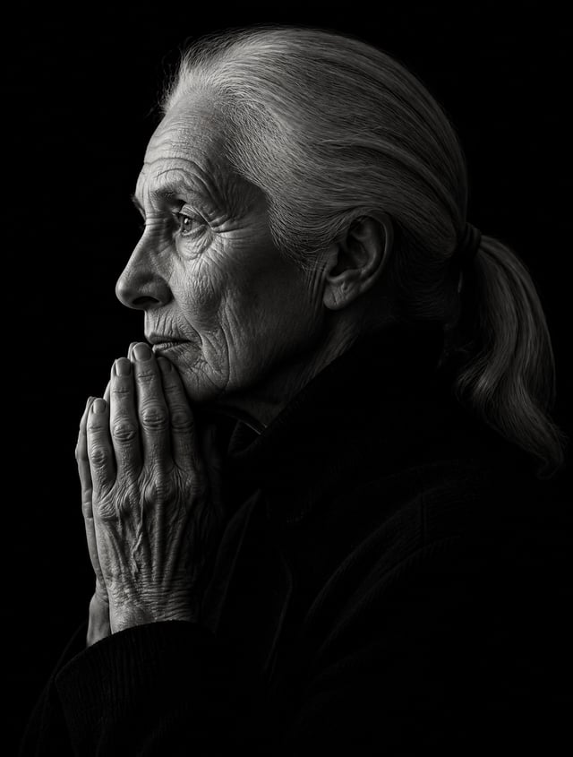 Create a dramatic black-and-white fine-art studio portrait of an elderly woman in left-facing side p