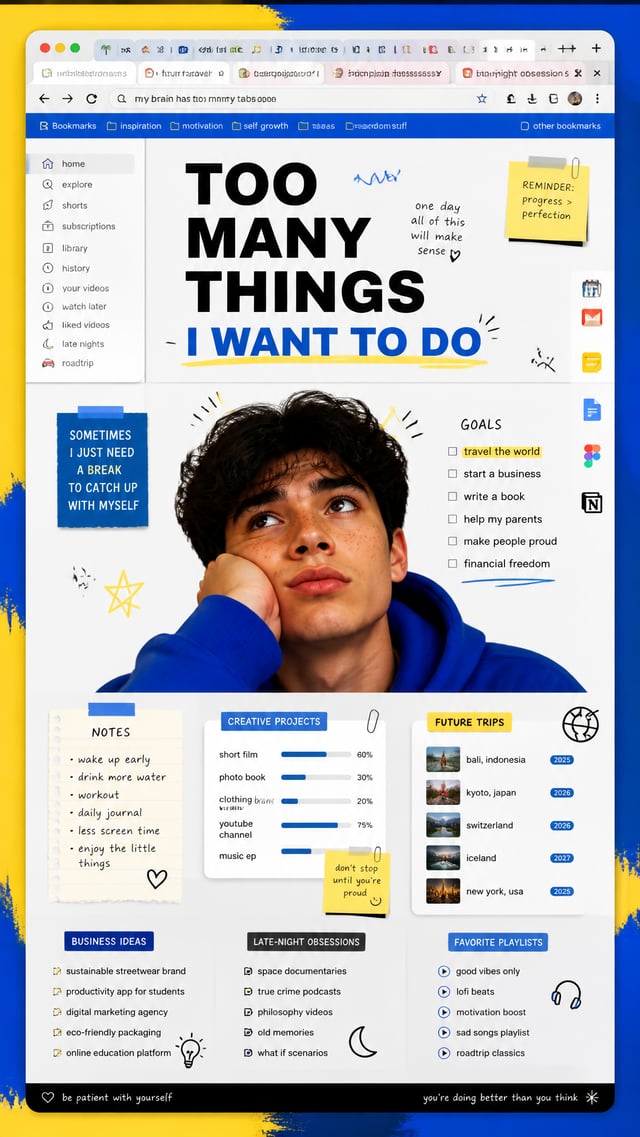 A premium 9:16 editorial poster.Main Subject:A giant web browser window filling the composition.Doze