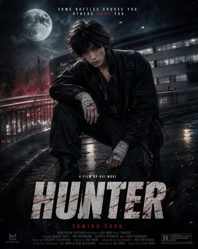Take this uploaded image and generate a fully designed movie poster for HUNTER. Change the subject’s