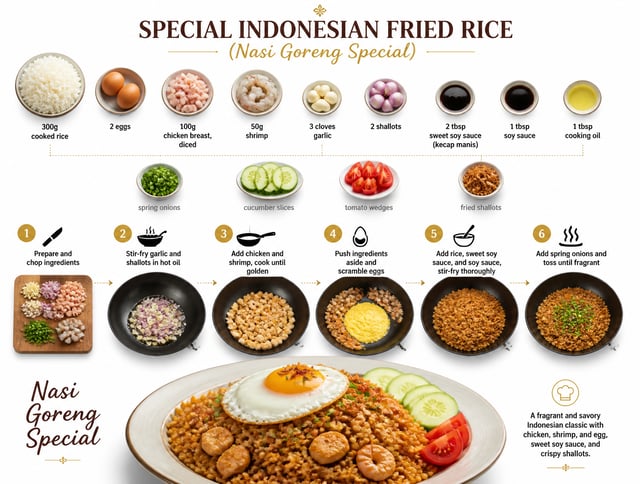 Create a step-by-step recipe infographic for Special Indonesian Fried Rice (Nasi Goreng Special), to