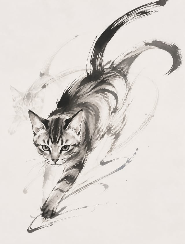 猫。毛色、斑纹、年龄、体态、体型、品种特征、神态与动作自然随机生成。无字。可能是幼猫、成猫或老猫；短毛、长毛或蓬松毛发；可能奔跑、跳跃、回首、蜷缩、潜行、扑击、伸展、嬉戏、追逐、停驻或处于动作转换的瞬