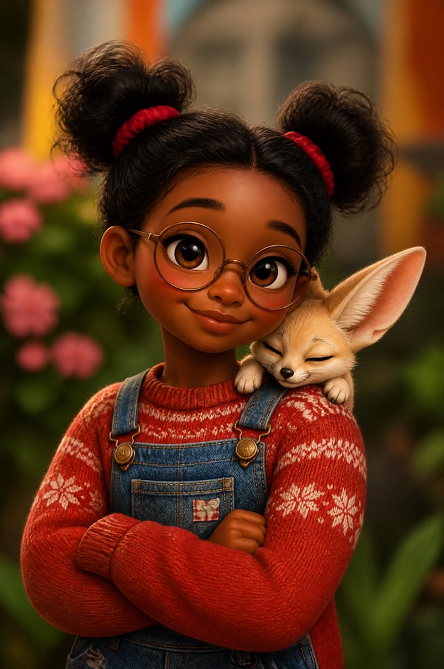 A cute 3D Pixar-style character portrait of a little girl with big expressive eyes and round glasses
