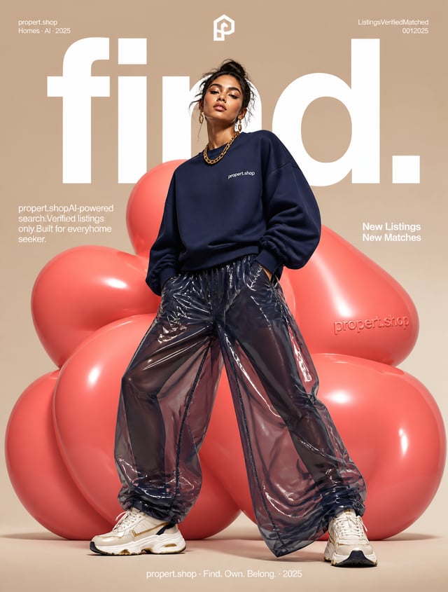 High-fashion futuristic proptech editorial poster for propert.shop, full-body female model in dynami