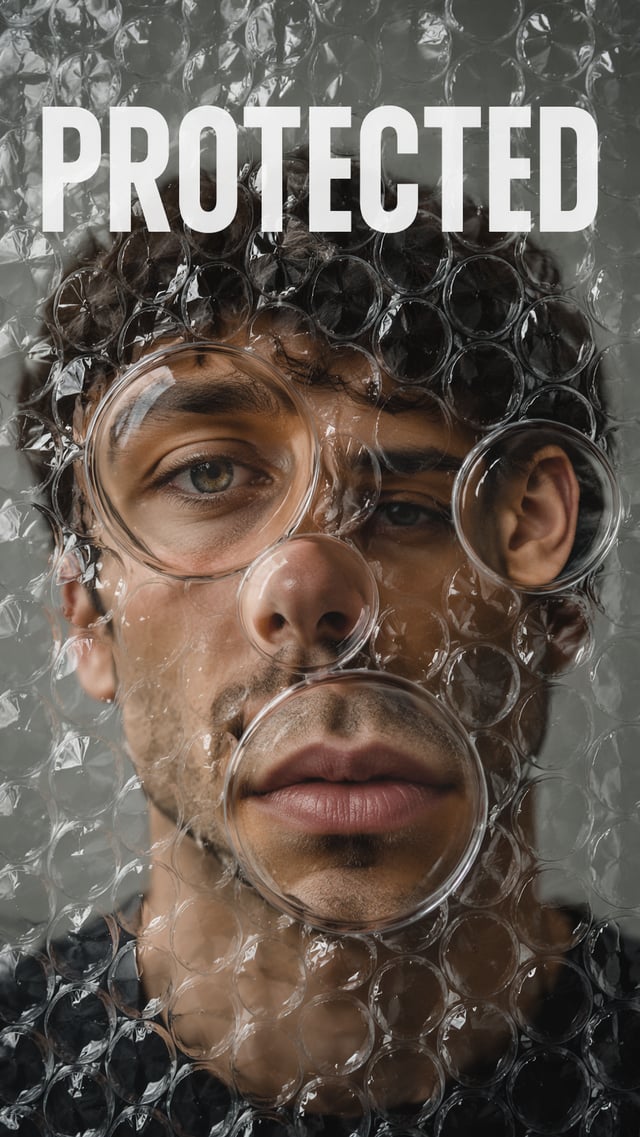 Portrait behind transparent bubble wrap.Each bubble enlarges a different facial area.Typography:"PRO