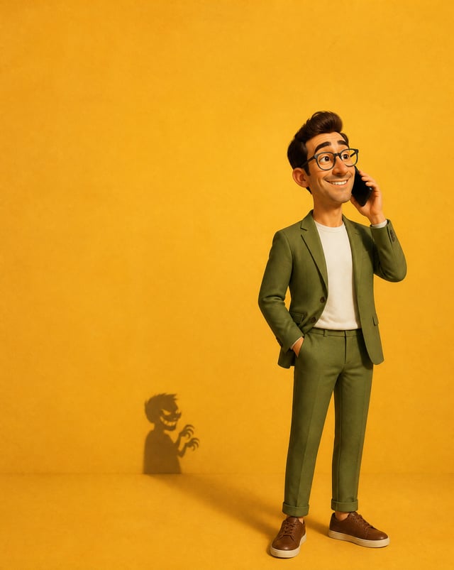A high-resolution vertical Pixar-style 3D character illustration. Visual irony concept, minimalist c