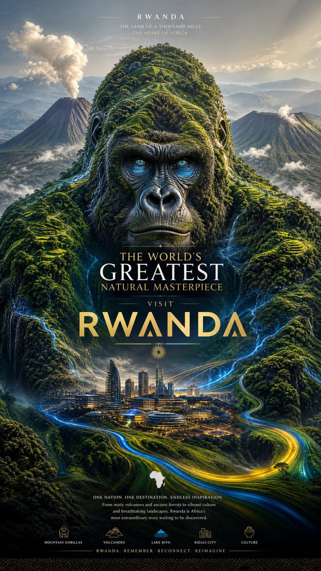 Create a revolutionary tourism poster for Rwanda where the entire country is visualized as a living 