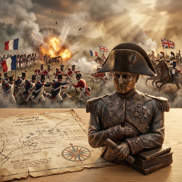 Use the uploaded Napoleon bust statue as the main subject and preserve its exact shape, facial featu