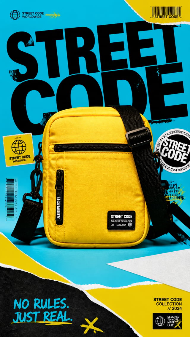A premium 9:16 streetwear accessories advertising poster.Central Subject:A single bright-yellow cros
