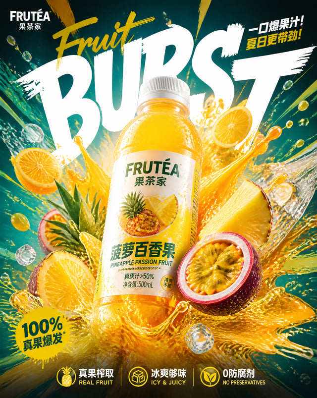 请根据以下用户输入，创作一张高完成度的「爆炸果饮系列 / Fruit Burst Beverage Poster Series」商业饮品海报。