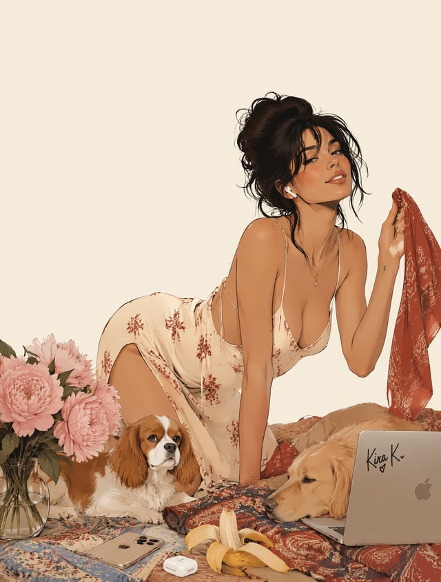 Create a luxury fashion illustration featuring Kira K.