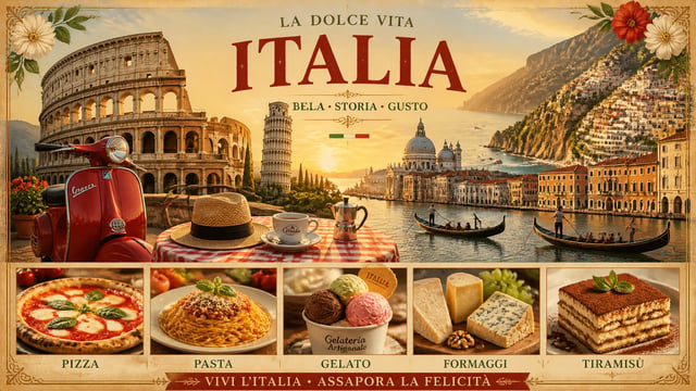 A composite travel poster montage showcases iconic Italian landmarks integrated into a unified Medit