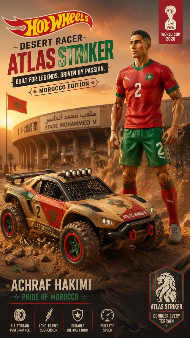 Morocco — Achraf Hakimi — HW Desert Racer Atlas Striker “9:16 vertical poster of Hot Wheels Desert R