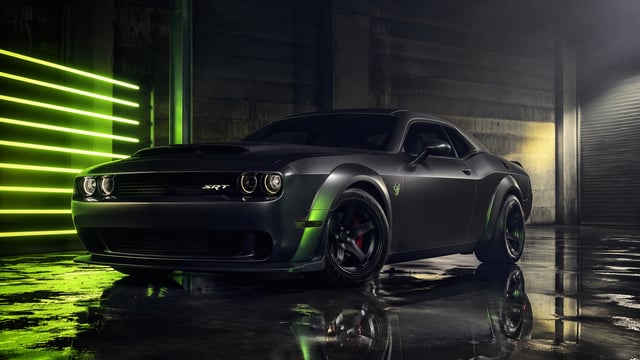 Cinematic automotive studio shot of a Dodge Challenger SRT Demon, facing 45 degrees left. Environmen