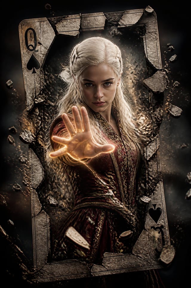 A hyper-realistic cinematic movie poster of a powerful female sorcerer Daenerys Targaryen, with the 
