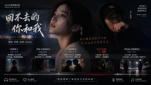 Chinese cinematic emotional ballad with male and female vocals, slow mournful half-time pulse and pi