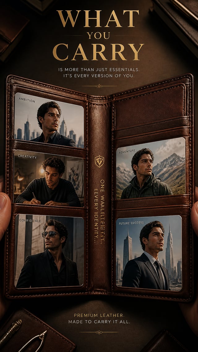 A premium 9:16 wallet advertising poster.Main Subject: