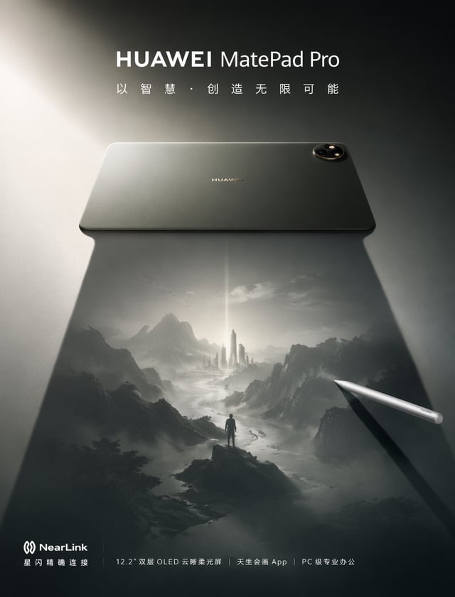 主题：科技类 | 华为 MatePad Pro为 华为 打造一张高端产品广告海报，主体为 MatePad Pro。以产品的影子作为核心叙事载体。产品保持锐利、精准、高端感与视觉绝对主导。置于戏剧性可控