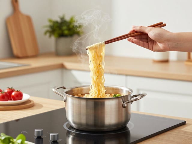 A hand holding wooden chopsticks lifting steaming instant noodles from a stainless steel cooking pot