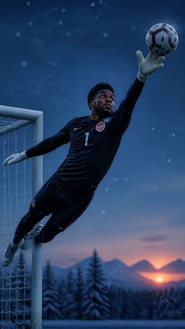 Canada — "Minimalist, high-contrast portrait of a Canadian goalkeeper making a gravity-defying save 