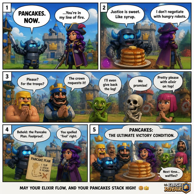 use character of game called clash Royale and create a humorous talking about character create 5 pag