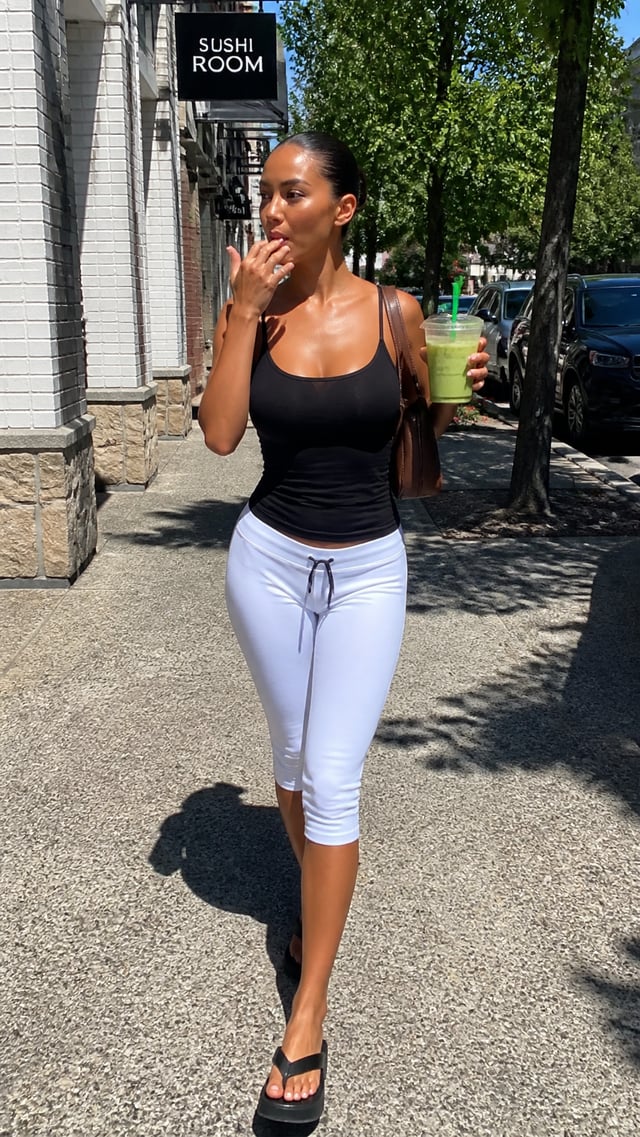 An iPhone-style candid full-body street-style shot of a young woman walking mid-stride, featuring a 