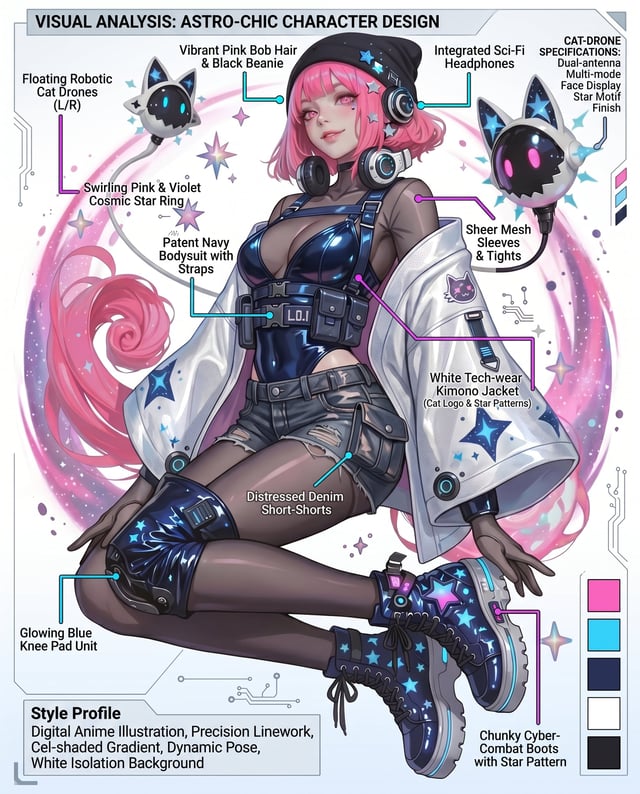 A stylish anime girl with short vibrant pink hair and a black beanie sits floating in a dynamic pose