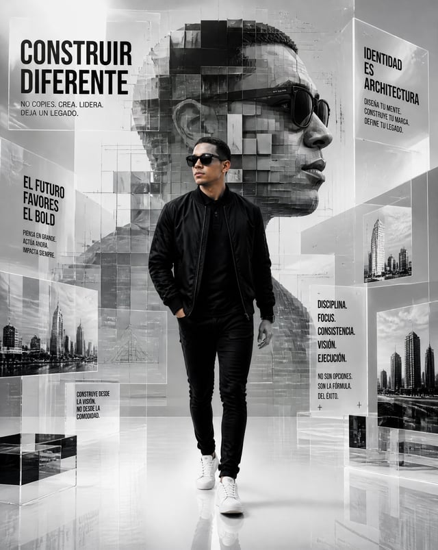 Una obra de arte digital motivacional monocromática futurista que presenta a un hombre (anexo fotogr