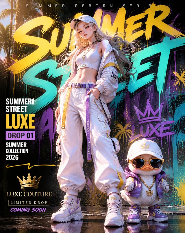 Generate a vertical 4:5 high-end streetwear fashion poster featuring a "luxury summer streetwear ad"