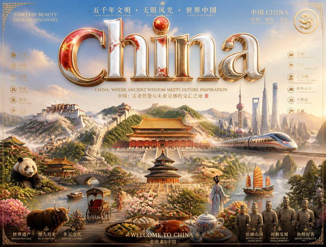 Ultra-premium cinematic 3D travel poster for [CHINA], bright luxury aesthetic, soft sunlight, dreamy