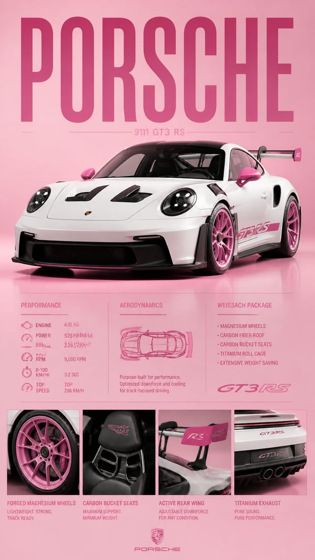 A high-contrast studio editorial poster featuring a pristine white Porsche 911 GT3 RS with custom ho