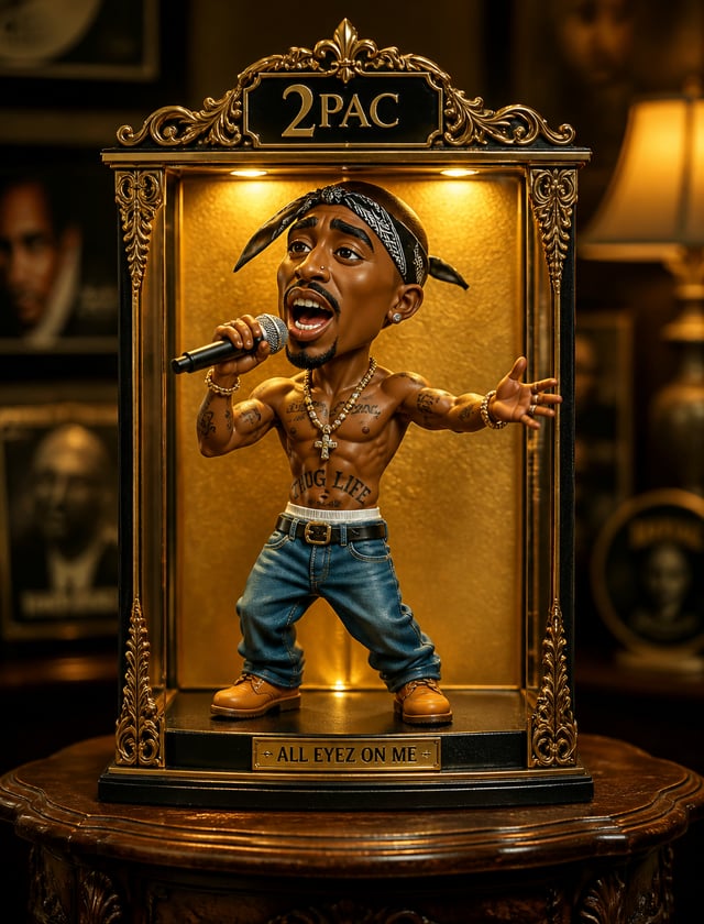 A stylized, exaggerated cartoon figurine of 2Pac, appearing to be a singer, is shown singing into a 