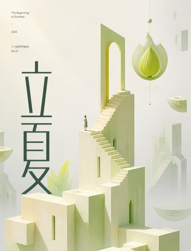 # 角色你是一位「纪念碑谷式节气空间」的锁定执行专家。# 任务生成一张极简超现实主义3D艺术海报，主题为「立夏」。核心逻辑：空间结构表达情绪隐喻，中文排版作为视觉主标题，两者协同而非融合。# 核心约束