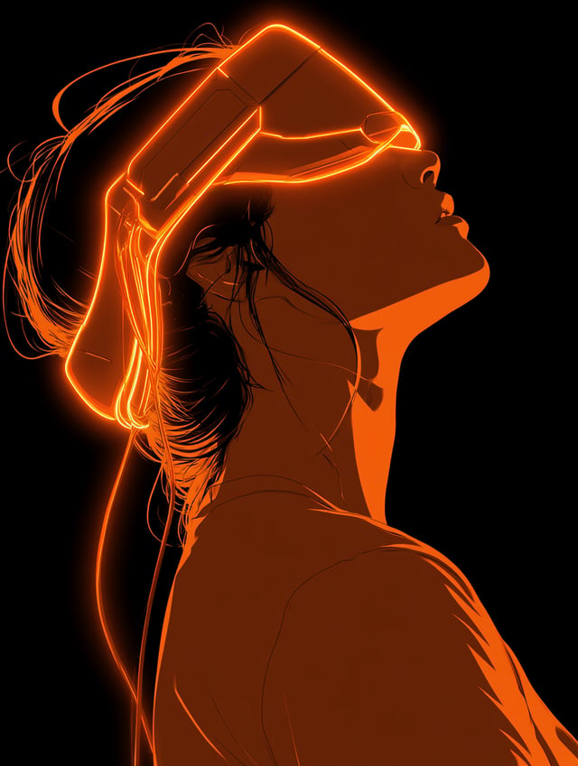 A silhouette of a woman in profile gazes upward, wearing a futuristic VR headset defined by vibrant,