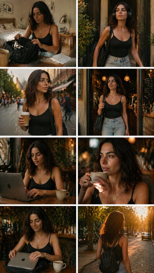 cinematic 8-photo storytelling collage featuring the same girl throughout the journey.