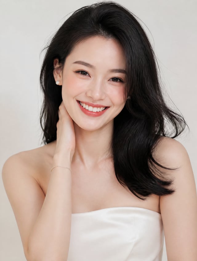 人物肖像照，正面，帮我生成肖像照，正面，28岁亚洲女性肖像，舒淇同款明媚笑容，鹅蛋脸，额头饱满，下颌线流畅。眉毛是自然的弯月形，毛流感清晰。眼睛大而明亮，内眼角尖锐，外眼角微垂，鼻梁高挺，鼻头圆润。嘴